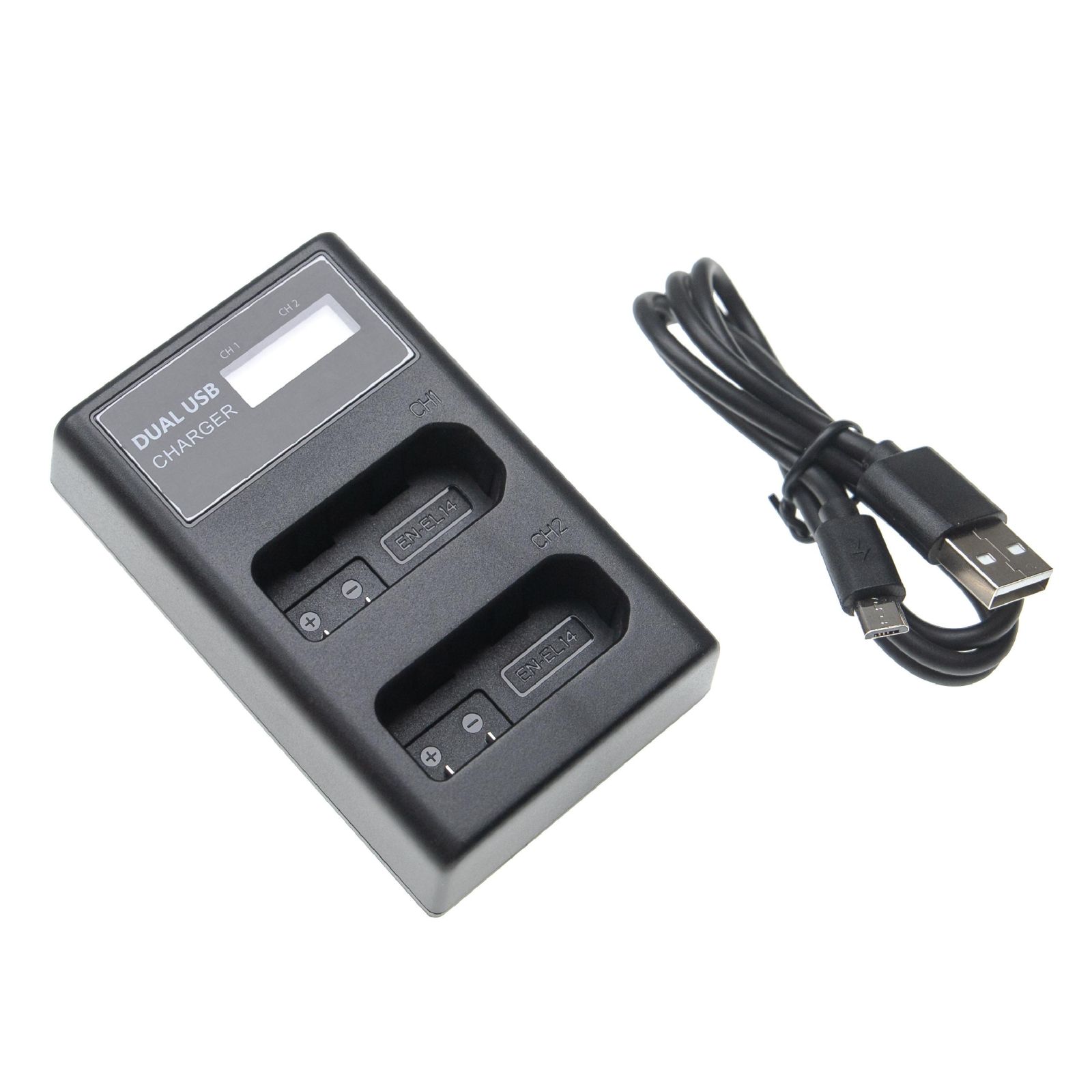 Duálna nabíjačka (Micro USB / Typ C) pre batériu Canon LP-E12 atď., s displejom