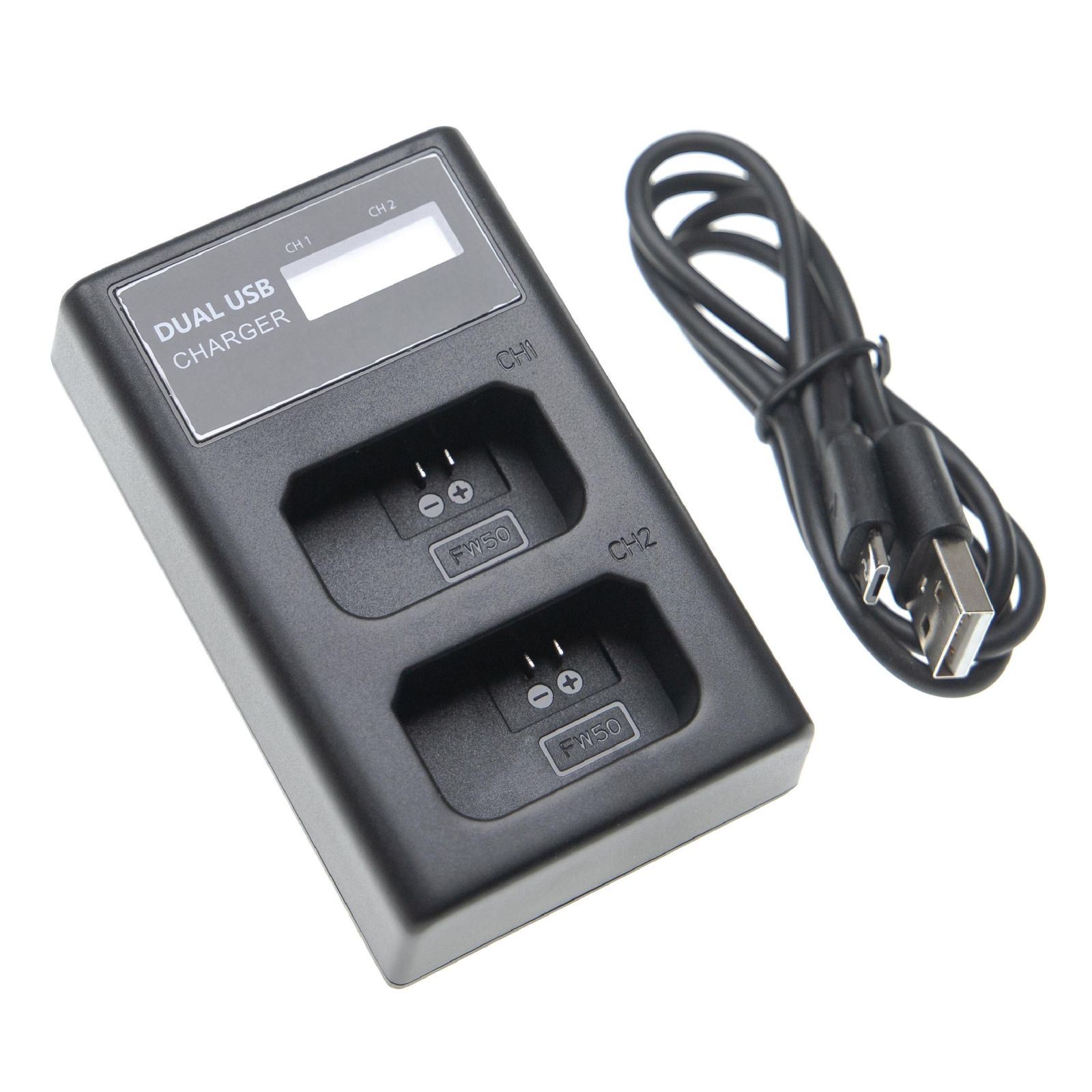 Duálna nabíjačka (Micro USB / Typ C) pre batériu Sony NP-FW50 atď., s displejom