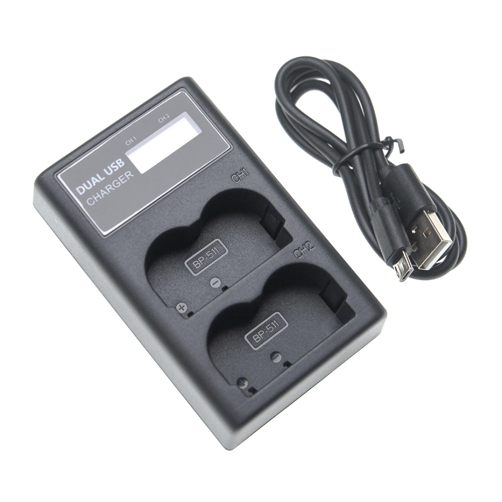 Duálna nabíjačka (Micro USB / Typ C) pre batériu Canon BP-511 atď., s displejom